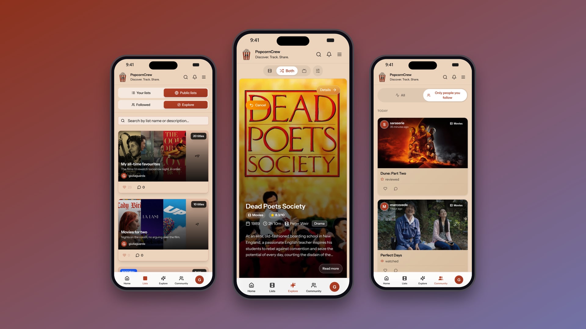 The PopcornCrew app on three phones