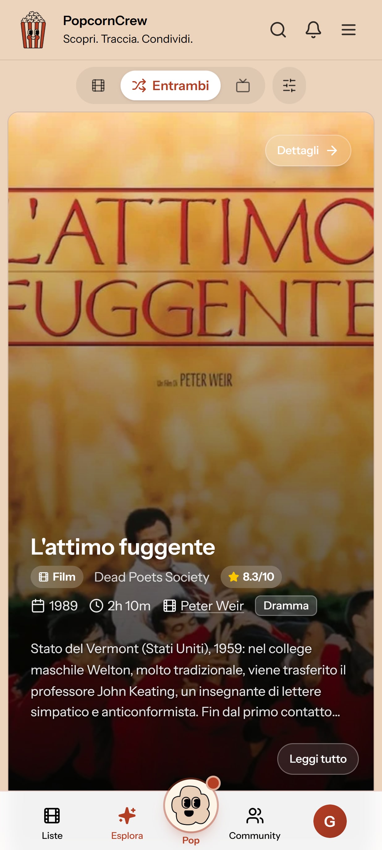 PopcornCrew: sezione Consigli con la scheda di un film