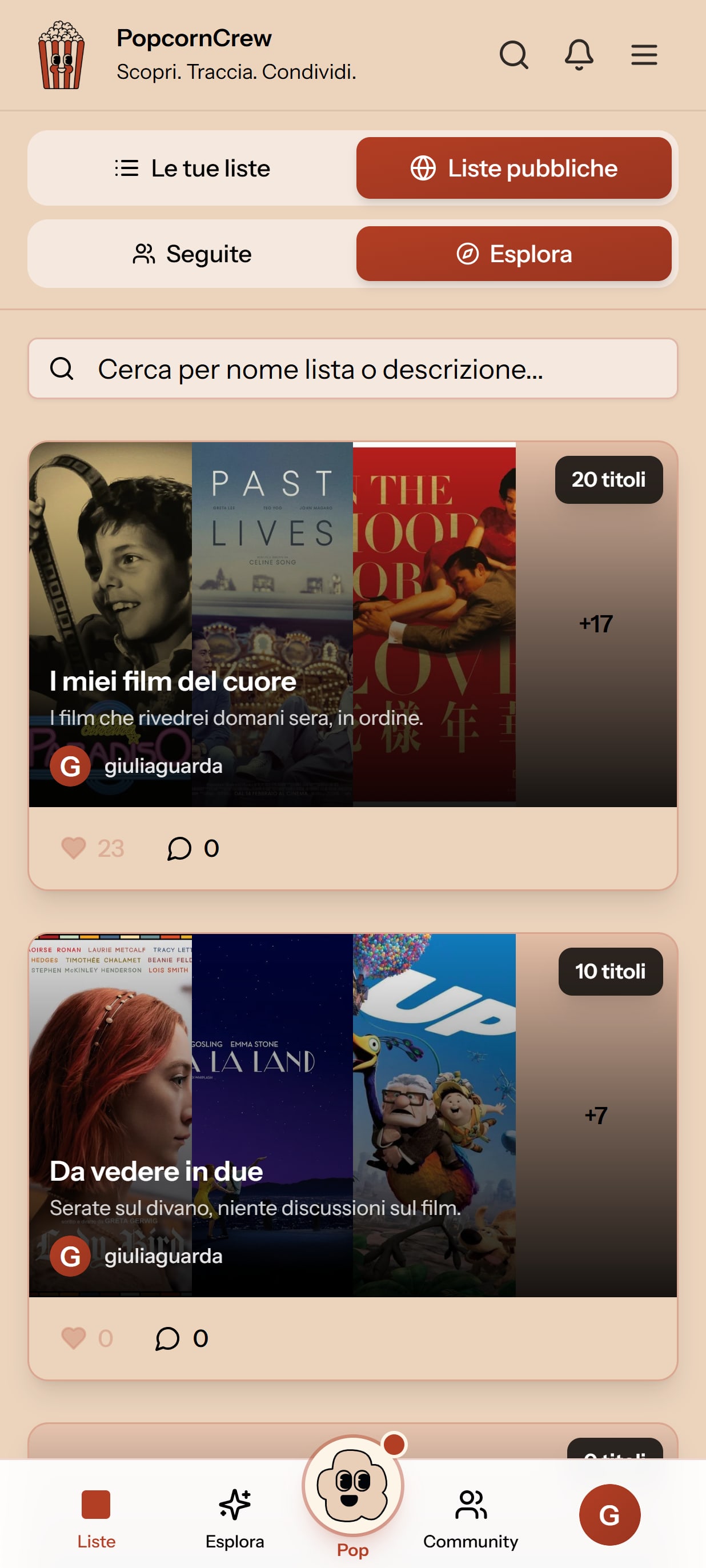 PopcornCrew: sezione Liste pubbliche
