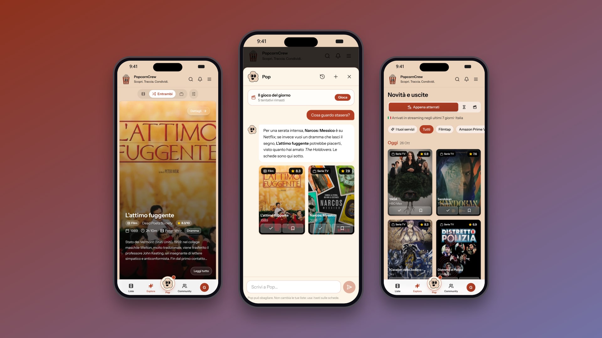 L'app PopcornCrew su tre telefoni